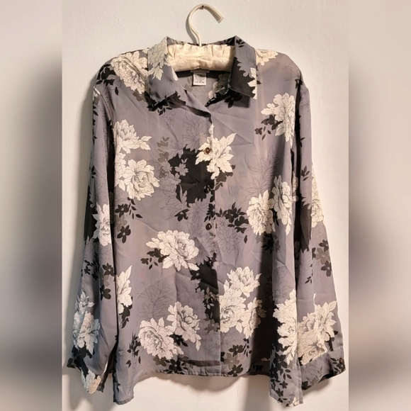 BonWorth Tops - BonWorth Women's Long Sleeve Button Floral Blouse Gray White Black Up Down XL